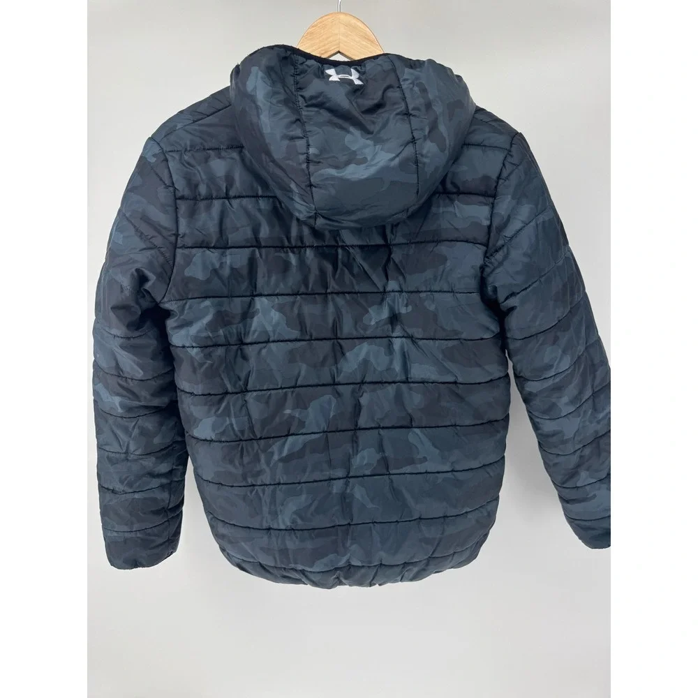 Under Armour Puffer Jacket Kids Large Blue Camo Storm Hooded Coat Reversable